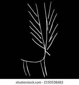 Stylized deer with antlers. Ancient animal design from Los Millares in Spain. White silhouette on black background. Hand drawn linear doodle sketch. 