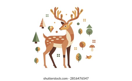 Stylized deer character with elegant antlers surrounded by small forest icons like trees, mushrooms, and leaves in a flat design style.