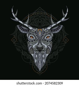 Stylized deer in ethnic vector black background