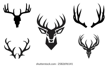 "Stylized Deer Head and Antlers: A Collection of Bold Black Silhouettes"