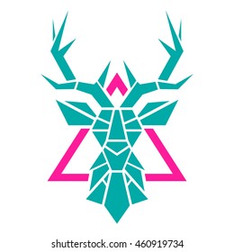 Stylized deer head. Deer head of geometric shapes. Bright print with a deer.