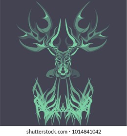 Stylized deer head and grass on gray background.