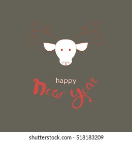 Stylized deer head and hand drawn red and lettering Happy New year, congratulation card vector illustration
