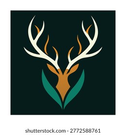 Stylized deer head with large antlers, featuring orange and teal leaf-like shapes