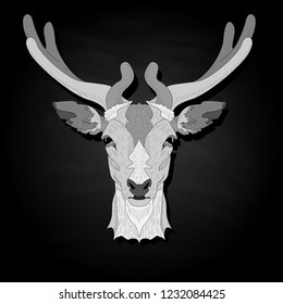 Stylized deer head vector monochrome  illustration isolated on black background