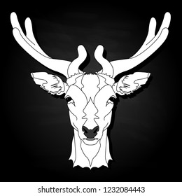 Stylized deer head vector monochrome  illustration isolated on black background
