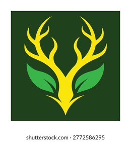 Stylized deer head with yellow antlers and green leaves on a dark green background