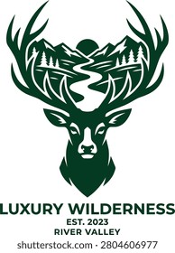 Stylized deer logo representing luxury wilderness with mountains and river background