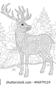 Stylized deer (stag, buck, christmas reindeer) among woodland landscape. Freehand sketch for adult anti stress coloring book page with doodle and zentangle elements.