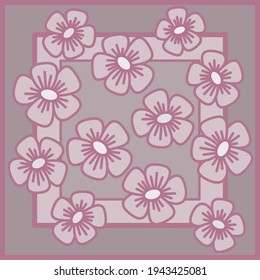 Stylized delicate cherry blossoms in pearl pink tones, bordered with a modest border, for silk shawls, textiles, backgrounds.