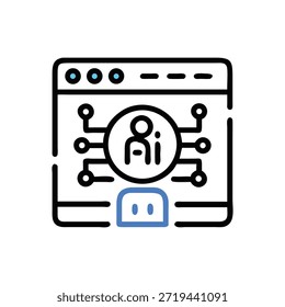 Representación estilizada de una interfaz de chatbot AI. Presenta un contorno azul brillante y nodos sobre un fondo negro. Diseño plano y moderno.