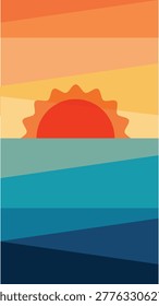A stylized depiction of a bright orange sun emerging from the horizon, casting warm hues over the tranquil blue ocean.