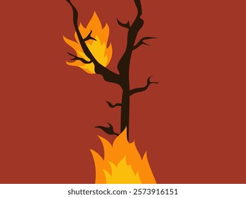 A stylized depiction of a burning tree against a reddish brown background