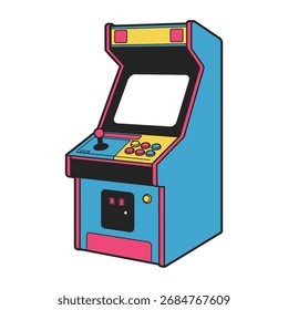 A stylized depiction of a classic arcade game cabinet, featuring a joystick and colorful buttons, rendered in a clean, modern graphic style on a white backdrop.