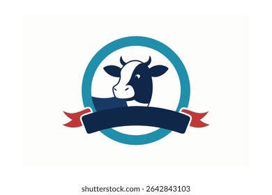 A stylized depiction of a cow's head, featuring a decorative ribbon tied around its horn, enclosed within a circular frame for logo or icon use.