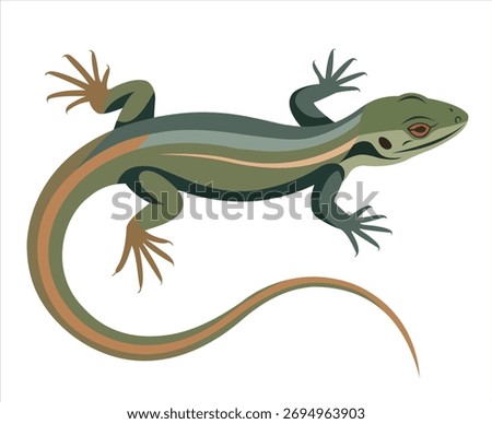 Stylized depiction of a green and orange lizard on white.