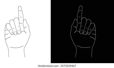 Stylized depiction of a hand gesture with one finger raised, shown in contrasting black and white backgrounds. An example of minimalistic art and modern design.