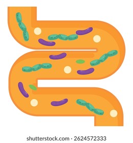 Representação estilizada do interior de um intestino humano com bactérias boas e más mostrando a importância do microbioma para a saúde
