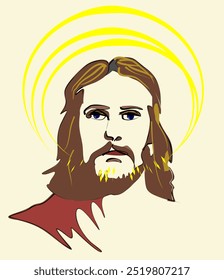 Eine stilisierte Darstellung von Jesus mit langen Haaren und einem Bart, hervorgehoben durch mehrere gelbe Heiligenbilder. Das minimalistische Design betont die Gesichtszüge und den Ausdruck auf einfarbigem Hintergrund.