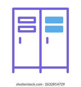 Stylized depiction of lockers with geometric shapes in blue and violet hues