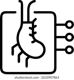 A stylized depiction of an organ encapsulated in a rectangular frame, complete with connecting nodes, presented as a schematic diagram in black outline.