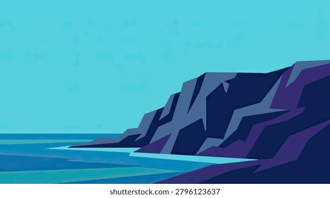 A stylized depiction of a rugged, angular cliff face meeting the calm ocean waters, rendered in a flat, minimalist design with a vibrant color palette.