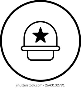 Stylized depiction of a safety helmet with a star emblem within a circular frame