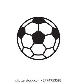 A stylized depiction of a soccer ball featuring traditional black pentagonal and hexagonal panels on a white background. The ball is rendered with a slight shading effect to give it a three-dimensiona.