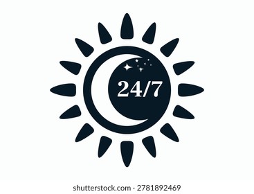 Stylized depiction of sun and moon combined into one circular form. Both halves create, celestial image, symbolizing the union of day and night and indicate that the establishment is open 24 hours day