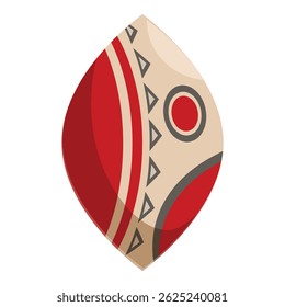 Stylized depiction of a traditional african tribal shield, featuring bold red and beige colors and geometric patterns, evoking the spirit of a warrior