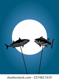 Stylized depiction of two fish silhouettes against a large moon and gradient sky, emphasizing minimalist artistry and tranquility, A modern presentation for creative or abstract themes.