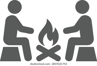 Stylized depiction of two simplified human figures sitting on stools around a glowing campfire with visible flames and crossed logs symbolizing outdoor activities and companionship