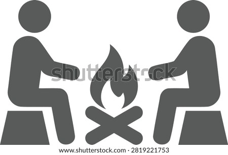 Stylized depiction of two simplified human figures sitting on stools around a glowing campfire with visible flames and crossed logs symbolizing outdoor activities and companionship