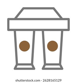 Stylized depiction of two takeout coffee cups with circular design elements