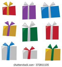 A stylized depiction of various gift wrapped Christmas presents.