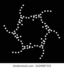 Stylized depiction of white dots creating dynamic, flowing patterns over a solid black background. Suggestive of abstract art and geometric repetition,ideal for presentations,concepts,creative designs
