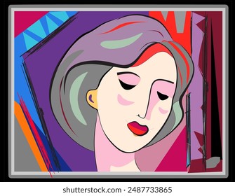 A stylized depiction of a woman's face, featuring bold colors and geometric shapes. The background incorporates a mix of vibrant hues and angular elements, adding dynamic contrast.