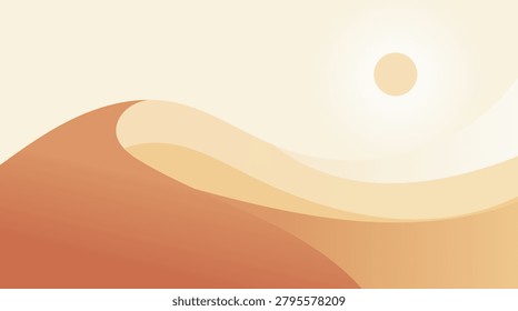Stylized desert dunes with layers of sand and a bright sun in a minimalist, abstract style. Evokes a sense of vastness and calm.