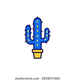 Stylized desert flora illustration. Vibrant blue saguaro cactus potted in yellow isolated on white. Ideal for graphic design elements web banners and branding.