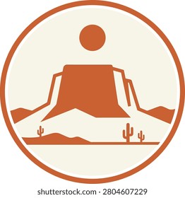 Stylized desert landscape featuring a sun setting over a mountain with cacti in foreground