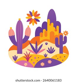 Stylized desert landscape illustration with cacti flowers and hills