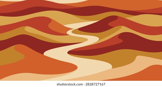 Stylized desert landscape illustration featuring rolling sand dunes in warm red, orange, and golden earth tones with a winding path