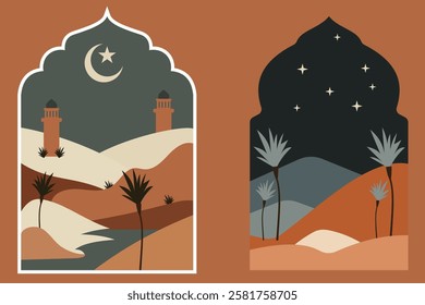 Stylized Desert Landscape Illustrations with Crescent Moon and Stars