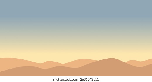 Is a stylized desert landscape with soft, rounded hills in the foreground. The sky has a gradient from blue at the top to light yellow near the horizon