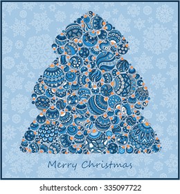   Stylized design blue Christmas tree of Christmas balls. Christmas card.