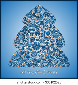   Stylized design blue Christmas tree of Christmas balls. Christmas card.