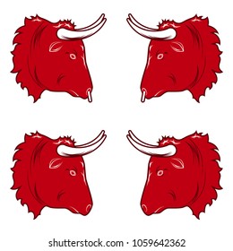 Stylized design of bull head. Vector illustration of bull head in red color, with and without a ring in the nose. Vector bull silhouette