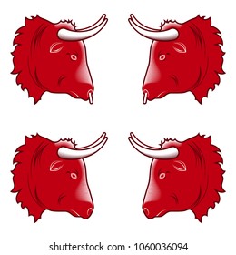 Stylized design of bull head. Vector illustration of bull head in red color, with and without a ring in the nose. Vector bull silhouette