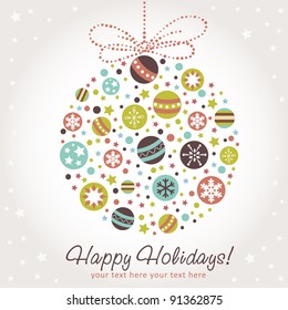 Stylized design Christmas decoration with xmas toys, balls, stars and snowflakes