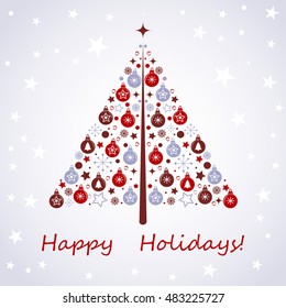 Stylized design Christmas tree with Xmas toys, balls, stars and snowflakes. Greeting card. Stock vector.